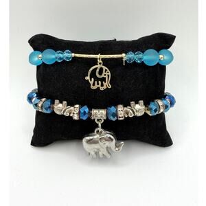 🐘 💙 Elephant Charm Bracelet Set | Blue Crystal Boho Stack